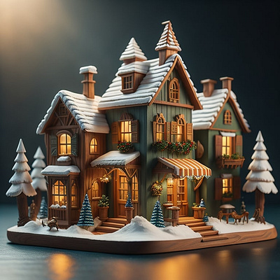 The wooden Christmas house. ai christmas christmas decorations house illustration miniature pine trees wood