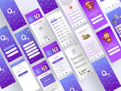 Quiz App Layout blue graphic design history trivia lilac math trivia mobile app design monkey pink premium features purple question mark quiz app quizzes simple trivias ui white