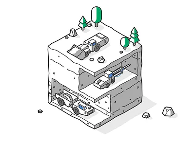 Isometric Mining Illustration cave isometric isometric illustration isometric vehicle land mine mining rock scene shadows stone tree tunnel underground loader underground truck vector isometric