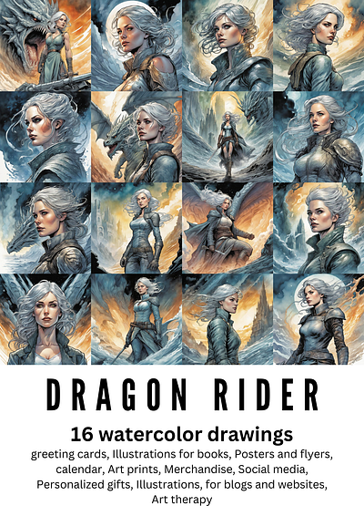 Dragon Rider Female, 16 Watercolor Drawings