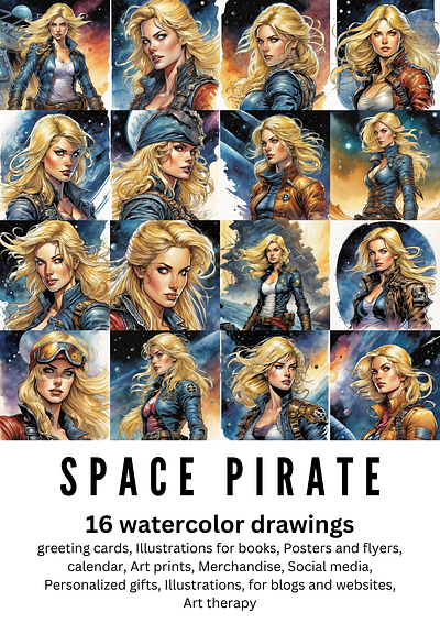 Space Pirate Female, 16 Watercolor Drawings 16 watercolor drawings