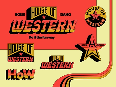 House of Western Restaurant Branding badge branding cactus cowboy cowgirl desert funky house logo design menu design negative space psychedelic restaurant retro roof star sun vintage western wild west