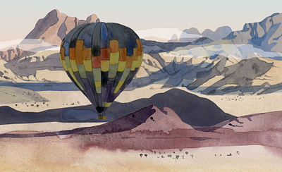 Hot Air Balloon art editorial folioart illustration kate evans landscape painting traditional travel watercolour