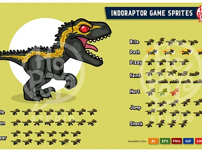 Indoraptor Game Sprites 2d animated assets cartoon character design dinosaur game graphics illustration side scroller sprites templates vector