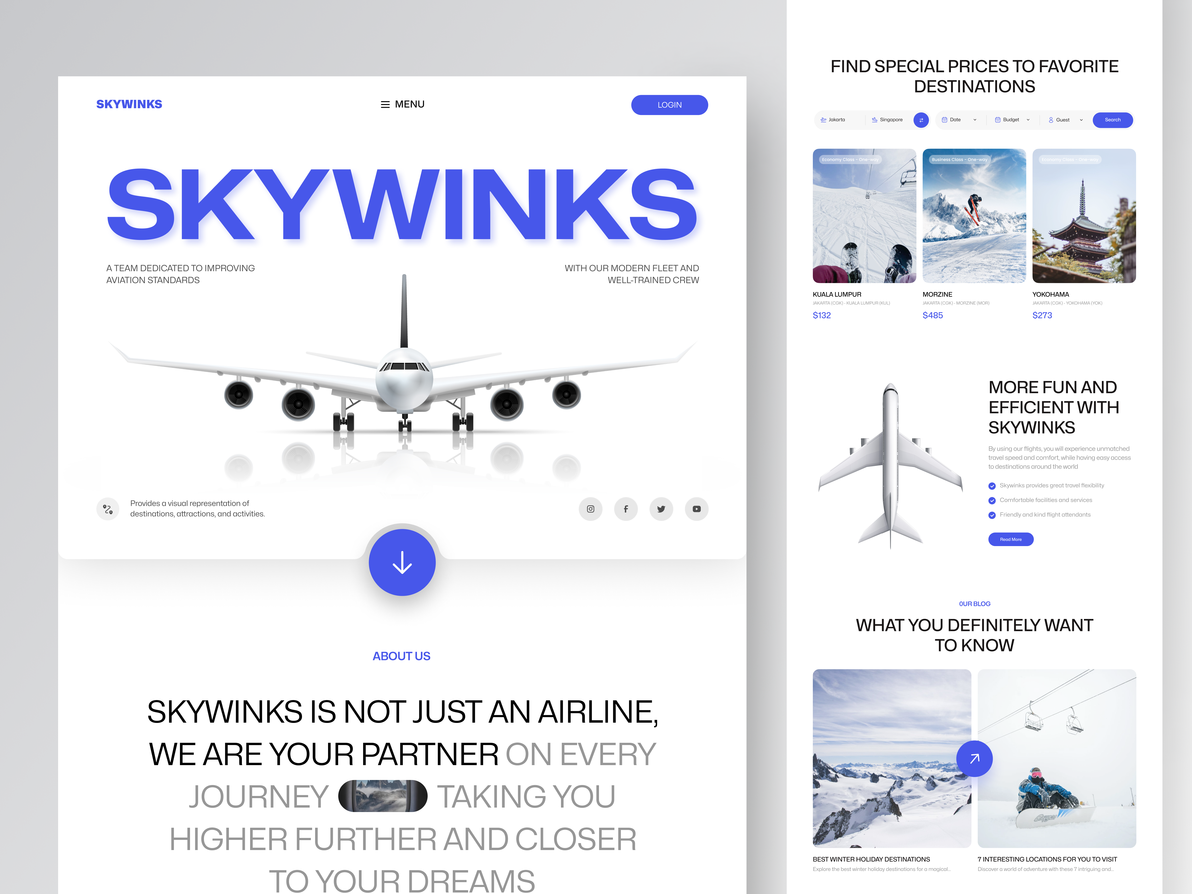 Skywinks - Flight Booking Landing Page airplane booking clean design flight flight booking flight booking website flight ticket flight website landing page travel travel website traveling ui vacation web design website