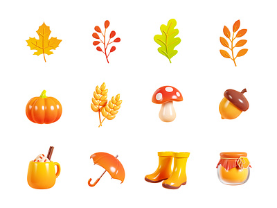 Autumn 3D icons. Part 1. 3d 3d art acorn autumn blender cinnamon design drink fall foliage gumboots honey hot illustration leaf mushroom pumpkin season umbrella wheat