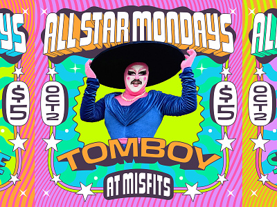 All Star Mondays colorful drag illustration lettering lgbtq pdx portland poster promo psych psychedelic puffling queer retro reverse contrast sans typography