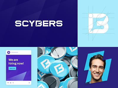 Scybers - Logo and brand elements ✨ branding brandmark collateral cybersecurity design geometric grid imagery logo logomark logotype pins post social media typography ui