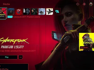 Dynamic Cyberpunk 2077-Themed UI Concept for PlayStation 5 concept cyberpunk cyberpunk design cyberpunk game cyberpunk menu cyberpunk ui cyberpunk ui design figma game design game menu game ui game ui design playstation 5 ui playstation menu playstation ui sony ui ui