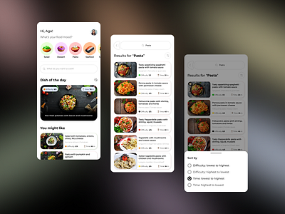 Recipe App app design eat food kitchen pasta recipe recipeapp recipes results searchbar searching ui uidesign uiux ux website