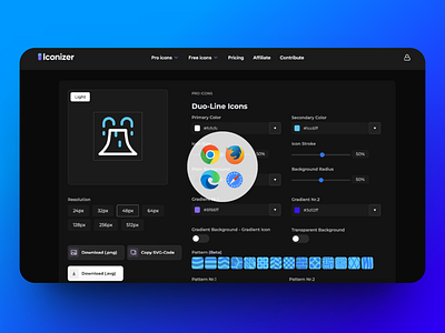 Webapp - Icon Customizer | iconizer.io browser custom icons customizer darkmode dashboard design figma icons graphic design icon set iconizer iconography icons illustration javascript svg ui ux vector webapp