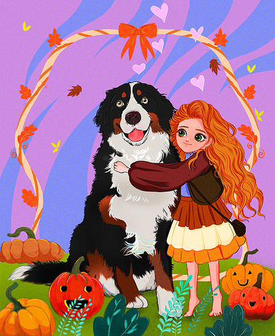 Dog and Girl Fall Illustration card design design digital illustration fall art graphic design illustration