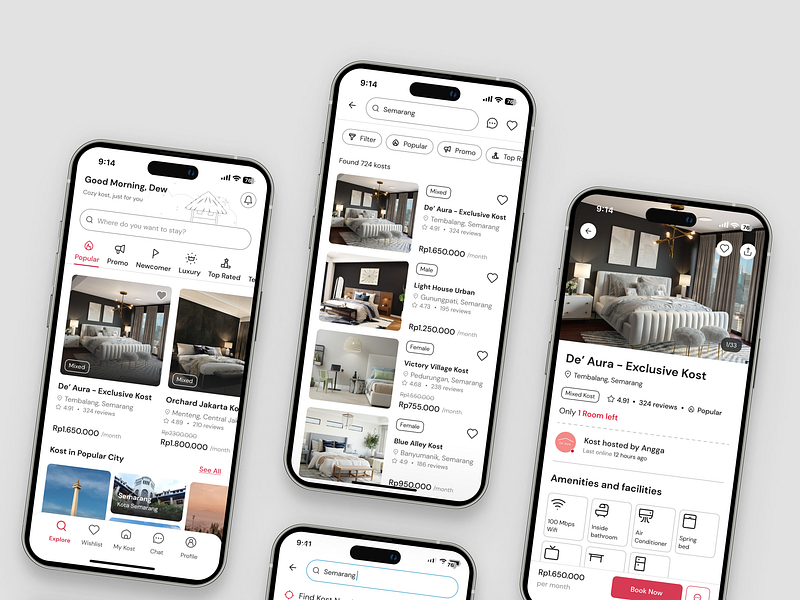 Kozekost - Boarding House Booking Mobile App apartment boarding house book booking booking app building clean clean design clean ui design ui hotel kost kozekost minimalist mobile mobile design mobile ui rent rental ui