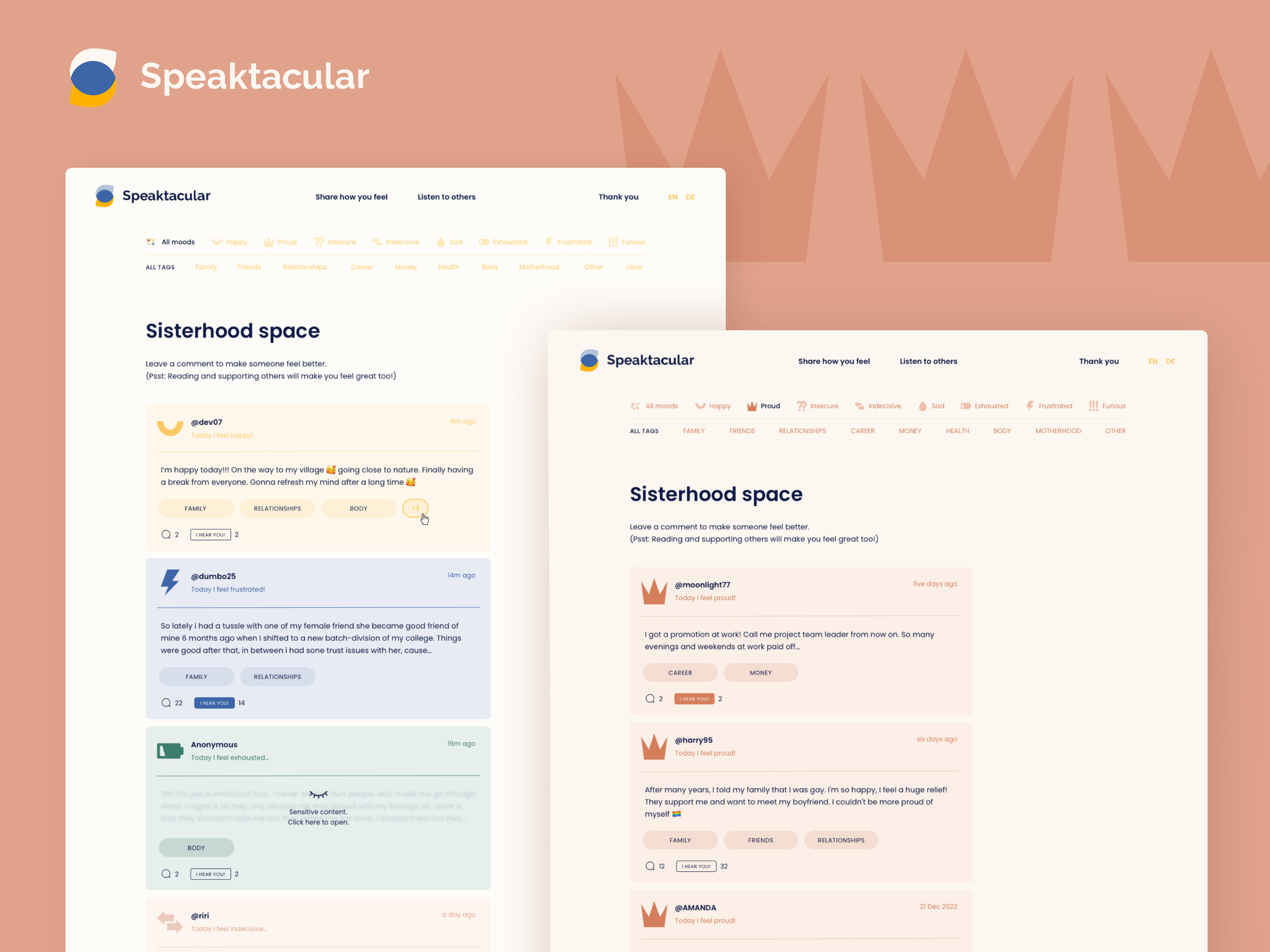 Speaktacular – Branding & UI Design branding comment community design discussion graphic design message platform post post listing sisterhood tags thread ui ui design ux ux design women