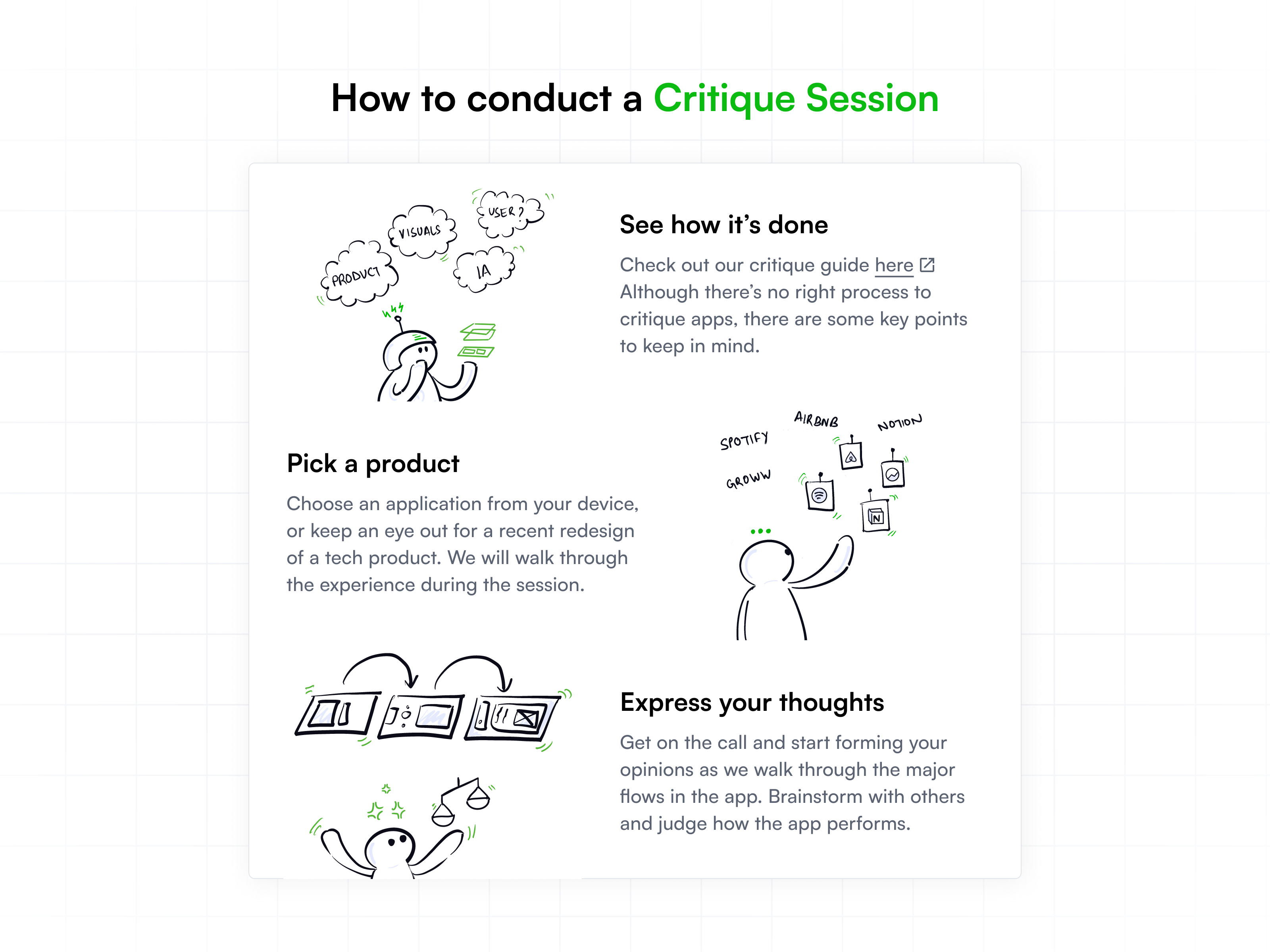 Design Critique Doodles analyse audit brainstorm branding cohort critique design feedback design review design session discussion doodles graphic design illustration minimal offcampus program review scalable simple ux