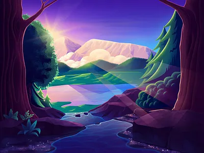 Lake O'hara illustration 2d adobe illustrator branding candy clouds flower forest gradient illustration lake landscape minimal mountain nature plant river stream trees vector vibrant