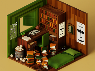 Nerd room - 3D isometric room 3d 3d blender 3d design 3d isometric room 3d model 3d room aircraft design graphic design illustration messy room nerd