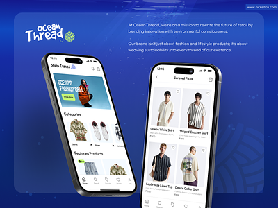 OceanThread: Eco-Fashion Revolution App animation app app design branding buy cart creative design e commerce ui ecommerce fashion ocean ocean waste order product detail product display shopping sustainable ui ux