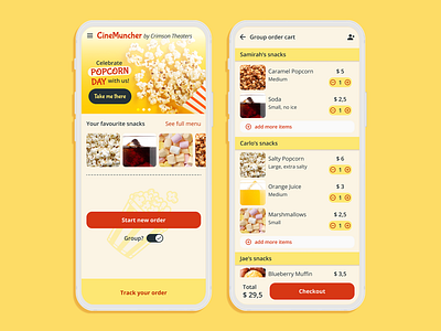 CineMuncher App | Group ordering at the movies app cinema design food ordering group ordering mobile movies snacks ui ux
