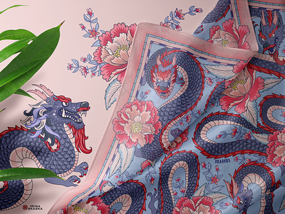 DRAGONS AND FLOWERS. dragon pink scarf shawl vector illustration