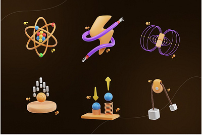 Physics 3D Icon Set 3d 3d icon atom blender 3d education graphic design gravity icon magnetic motion physics school science