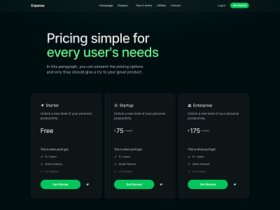 Clean tech startup pricing section black clean color concept dailyui dark design green grid interface minimal pricing saas section startup tech typography ui ux