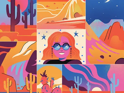 Desert illustration 70s style 60s 70s adobe illustrator background color desert design flat hippy illustration pink poster procreate retro typography designs vector vintage