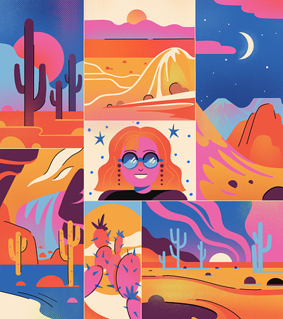 Desert illustration 70s style 60s 70s adobe illustrator background color desert design flat hippy illustration pink poster procreate retro typography designs vector vintage