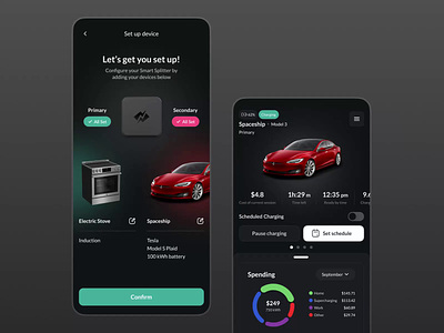 NeoCharge. Smart charging app for EV. app bill savings car charging app electric vehicle interface mobile scheduling smart charging spendings statistics tesla ui ux vehicle