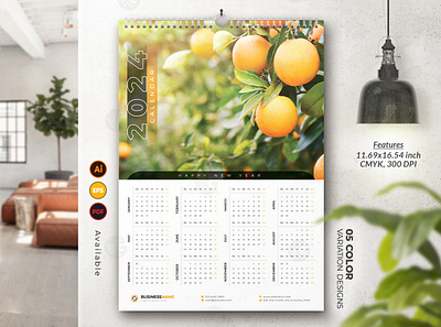 1-Page Wall Calendar 2024 Template Design branding graphic design one page wall calendar 2024