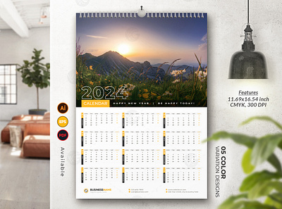 1-Page Wall Calendar 2024 Template branding graphic design one page wall calendar 2024