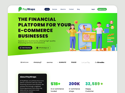 Website Design - PayWraps Finance Landing Page banking website e commerce businesses e commerce shops e commerce website finance app financial platform fintech fintech website footer green website happy customers home page marketplace newsletter services web design