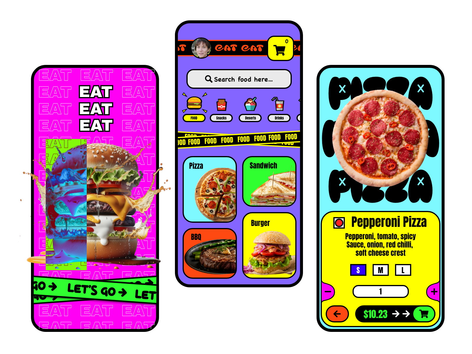 Eat Eat Eat - Food delivery aap andy design food food app mobil mobile neobrutalism retro trend ui uidesign ux