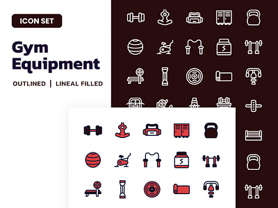 Gym Equipment Icon Set colored coloured equipment fill fitness gym icon icon design icon set line art lineal fill outlined presentation social media stroke ui web workout