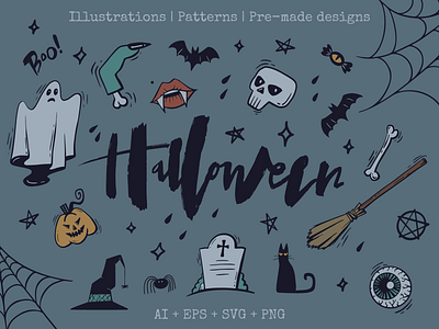 Halloween Illustration Pack 🎃 bat bone boo cartoon character design ghost grave greeting halloween hand drawn holiday illustration october pumpkin set skull spooky treat trick