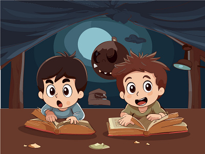 Halloween Spooky Encounter - Kids Fearfully Spooked by Sneaky Mo creative projects fearful children halloween halloween chills halloween decorations halloween fear halloween illustration halloween spirit halloween suspense halloween thrills sneaky monsters spooky encounter suspenseful scene thrilling halloween