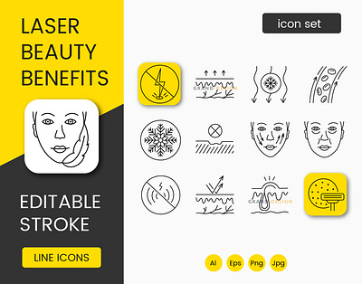 Laser Hair Removal and Cosmetology Advantages line icons black