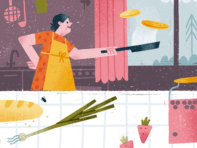 The Most Delicious Breakfast Ever apron bread character compote cooking fruits frying pan granny hand illustration kitchen onions pancakes procreate strawberry table tablecloth texture village window