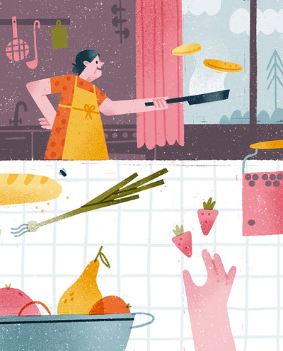 The Most Delicious Breakfast Ever apron bread character compote cooking fruits frying pan granny hand illustration kitchen onions pancakes procreate strawberry table tablecloth texture village window