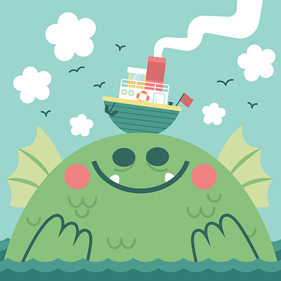 Karl, the curious Kaiju. adobe illustrator birds boat cute design illustration kaiju kidlit kidlitart kidlitartist kidlitillustration monster sea vector