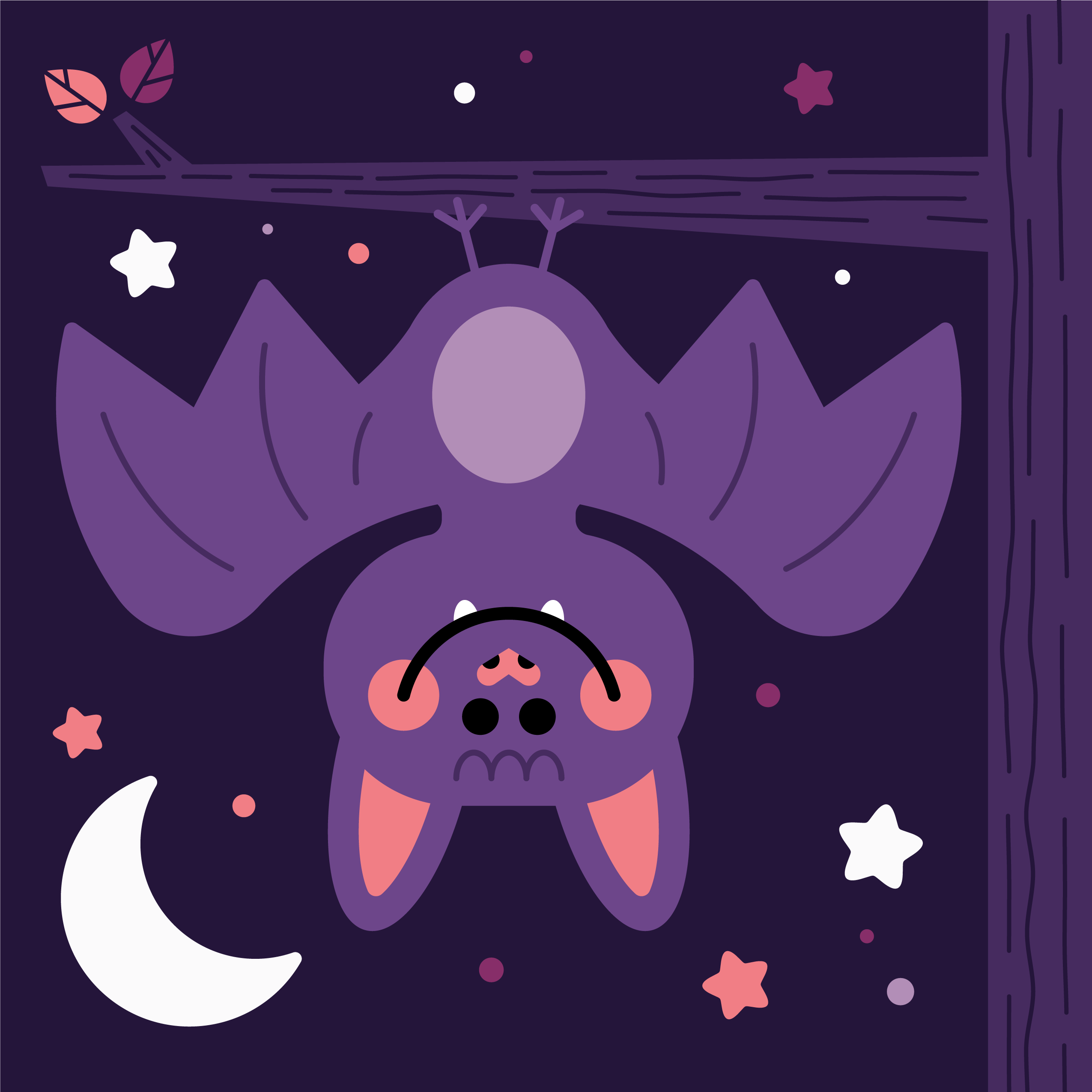 Hanging Out. adobe illustrator bat design flatdesign geometric halloween illustration kidlit kidlitart kidlitartist kidlitillustration leaves night storybook tree vector