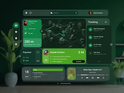Food Delivery - Apple Vision Pro app apple apple vision ar ar design augmented reality dashboard delivery food delivery product design remote control sidebar smart home tracking ui ux virtual reality visarium visionos widgets