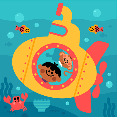 Submarine Adventure adobe illustrator crab design explorer fish flatdesign geometric illustration kidlit kidlitart kidlitartist kidlitillustration monkey ocean submarine undersea vector yellow submarine