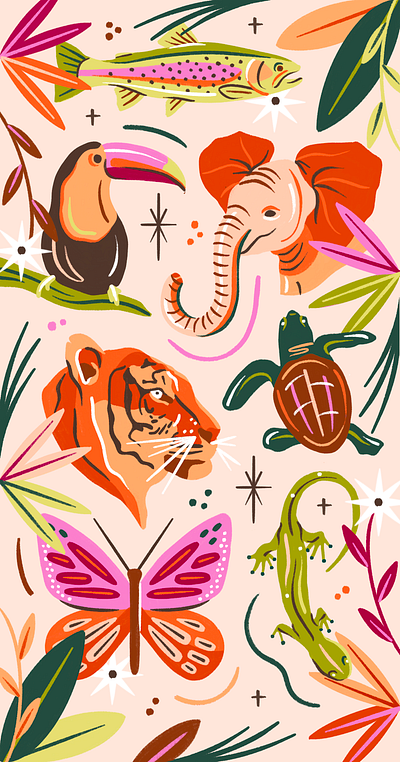 In the Wild 2d illustration animal print animals colorful illustration jungle pattern print wild animals