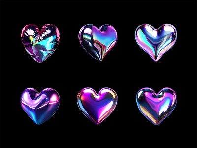 Holographic melted chrome metal heart icon shapes 3d 3d rendering ai generated bold chrome gradient heart holographic icon iridescent liquid love melted metal reflective shape trendy