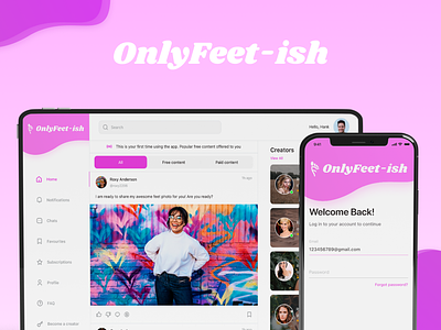 OnlyFeet: Creators Page, Feed, Subscriptions, Mobile App, Users design dm feed feet messaging mobile app onlyfans paid features pink purple subscription ui user accounts ux uxui web app website