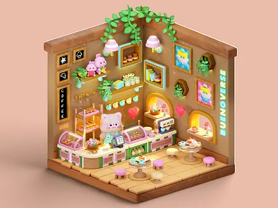 Tiny Bakery v.2 3d 3d room art bakery blender buenoverse cartoon cat characterdesign cute design inspiration isometry pastries rabbits render tiny