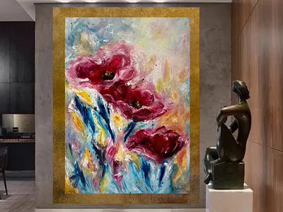 Pink Poppies Dream art artwork decorative design gold oil painting original originalart painting