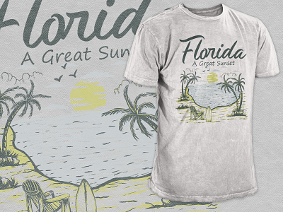 Florida Beach Sunset Vintage Hand drawing Custom T Shirt beach theme custom t shirt design forida beach graphic design hand drawing logo t shirt design vector drawing vector graphics