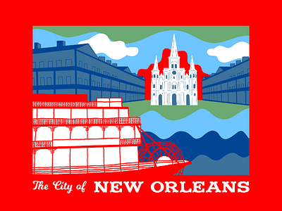 The City of New Orleans big river branding creole queen french quarter hand drawn illustration logo design louisiana mississippi river new orleans nola procreate riverboat saint louis cathredral scene design st. louis cathedral steamboat steamboat natchez